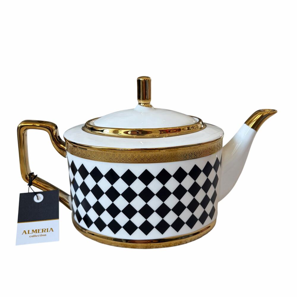 Almeria Black & White Harlequin Porcelain Teapot with Lid Gold Accents 32oz NEW